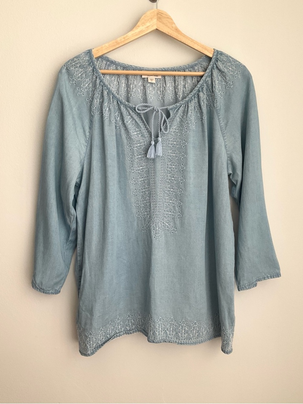 J. Jill Denim Medium Boho Light Blue Embroidered Tie-Neck Tunic